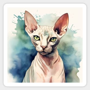 Watercolor Sphynx Cat Design on Cool Blues and Greens Sticker